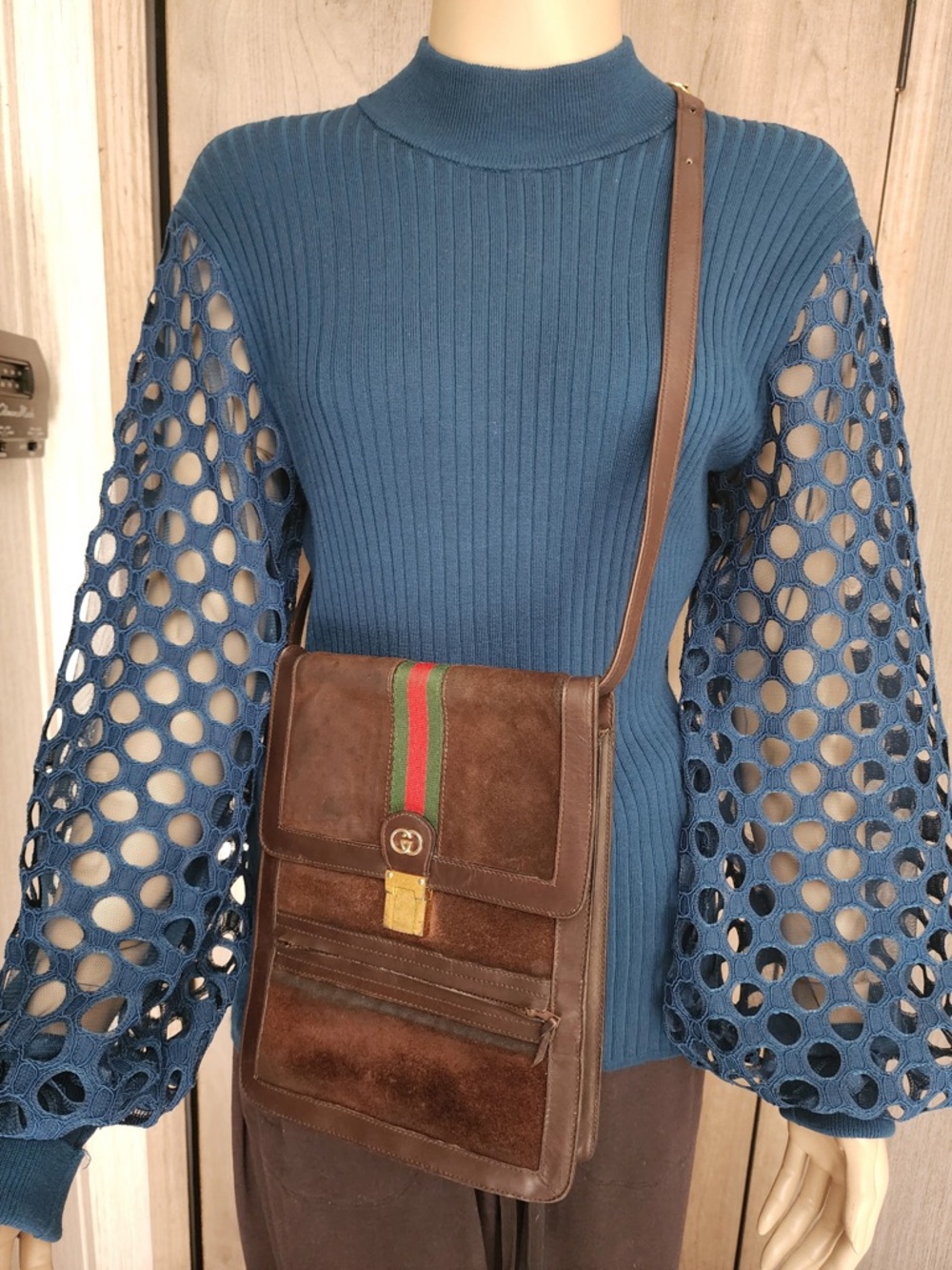 Gucci Vintage Parfums Brown Suede Leather Crossbody with Green-Red Web Stripe